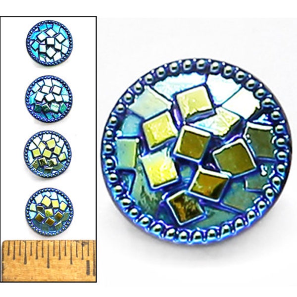 4pc CUTE Tiny 14mm Vintage Czech Glass Blue AB Aurora Borealis TILES Doll Buttons great for clasps