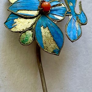 RARE Set of 2 pc Authentic Vintage Antique Qing Dynasty Tian-Tsui Late 19th Century Chinese Flower Hair Ornament w Kingfisher Feathers #4