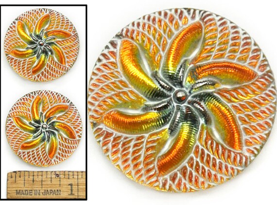 27mm Vintage Czech Glass Orange Fire AB Daisy Flower Swirl ...