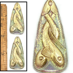 3 Fish Buttons Czech Glass Bright Iridescent Turquoise and Gold Pisces Fish 3 Fish Buttons
