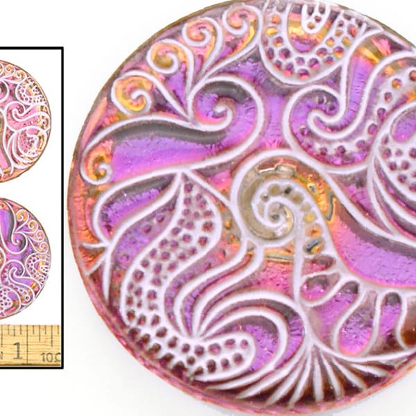 2pc BOLD 32mm Vintage Czech Glass Purple FIRE AB Psychedelic Paisley Tentacles Buttons White Wash