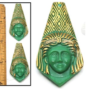 2pc 46mm Vintage Czech Glass Egyptian Revival GREEN + Gold Cleopatra Goddess Head Triangle Buttons