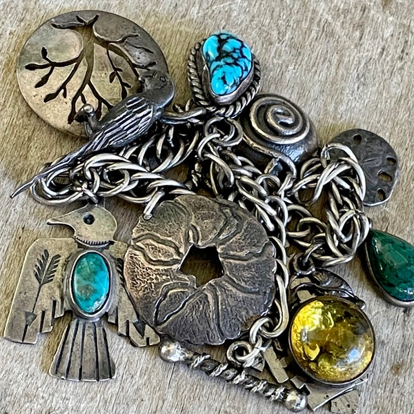 Vintage Eclectic Sterling Silver Charm Bracelet with Fred Harvey Era Thunderbird Turquoise Amber Parrot Tree Cross Charms 8” Lg Size