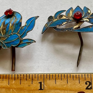 RARE Set of 2 pc Authentic Vintage Antique Qing Dynasty Tian-Tsui Late 19th Century Chinese Flower Hair Ornament w Kingfisher Feathers #1