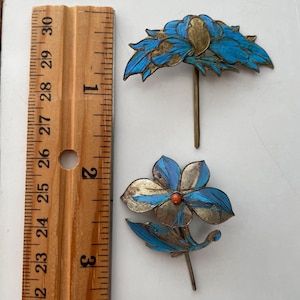 RARE Set of 2 pc Authentic Vintage Antique Qing Dynasty Tian-Tsui Late 19th Century Chinese Flower Hair Ornament w Kingfisher Feathers #5