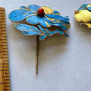 RARE Set of 2 pc Authentic Vintage Antique Qing Dynasty Tian-Tsui Late 19th Century Chinese Flower Hair Ornament w Kingfisher Feathers #5