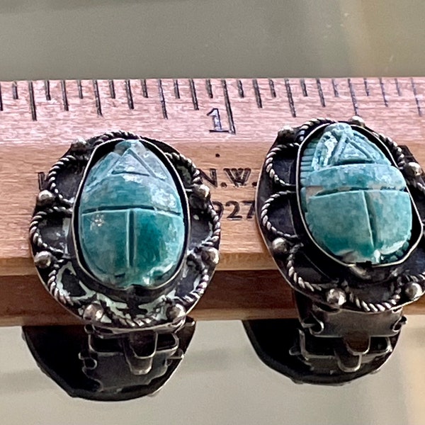 Vintage 1940’s Sterling Silver Handmade Blue Ceramic Scarab Cabochon Filigree Non Pierced Clip On Earrings Stamped