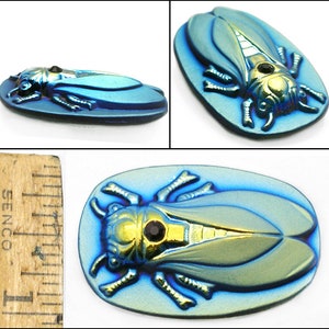 Shining 40mm FOCAL Vintage Carnival Blue AB Czech Scarab CICADA Glass Button