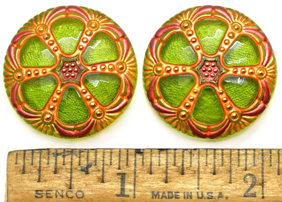27mm Vintage Czech Glass PINK Green 6-COLOR Victorian FLY Insect Buttons 2pc 