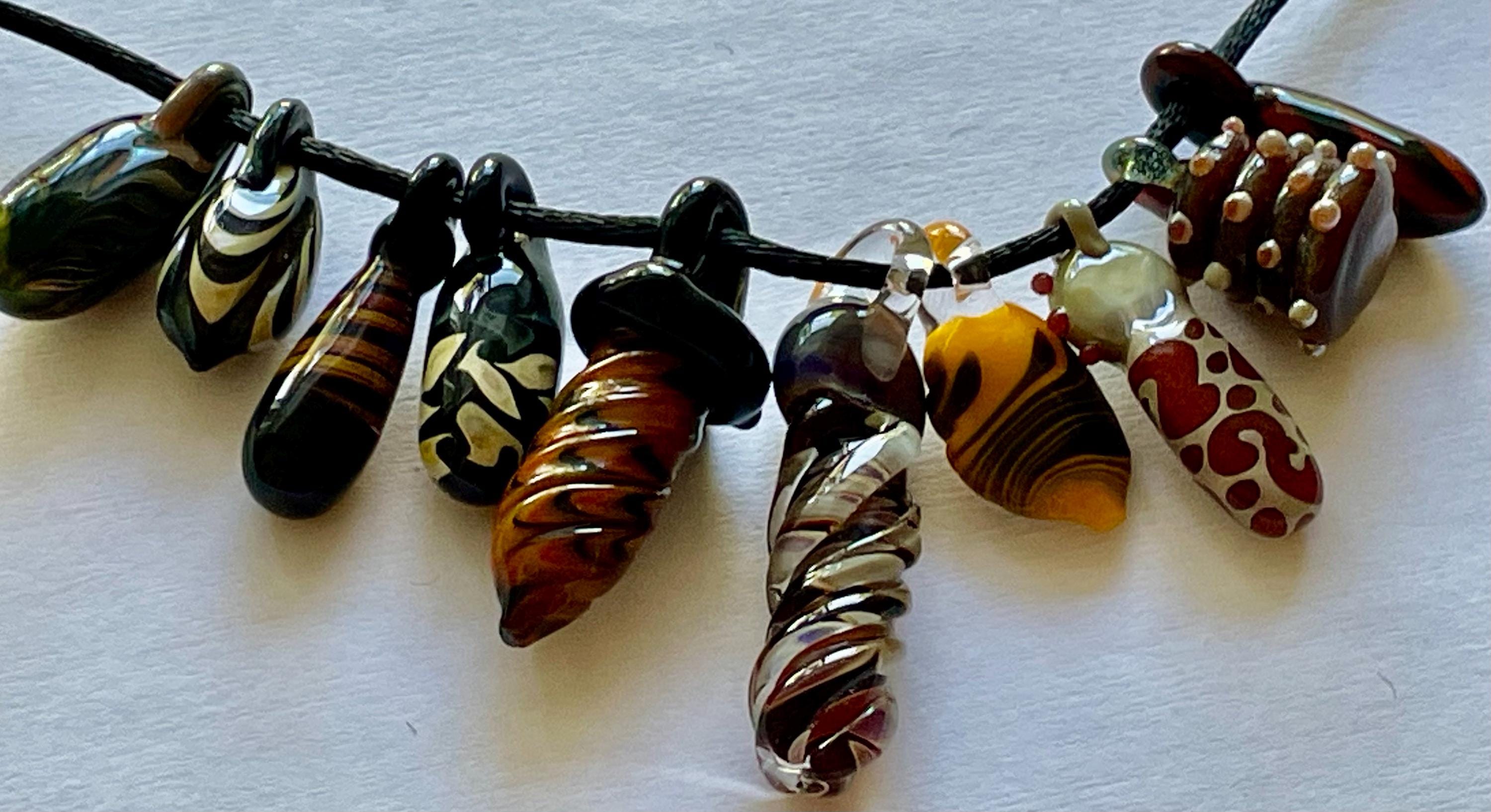 10 pc Set Handmade Borosilicate Lampwork Glass Pendant Beads by American Artisan Paul Doty Bumpy Dots Swirls Eclectic Orange Brown Boro #4