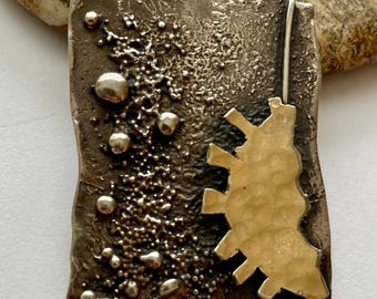 LG Vintage 1960’s 1970’s Brutalist Modernist Handmade Cast Biomorphic Drippy 2 1/4” Sterling Silver and 14k Gold Pendant Necklace 24.4 grams