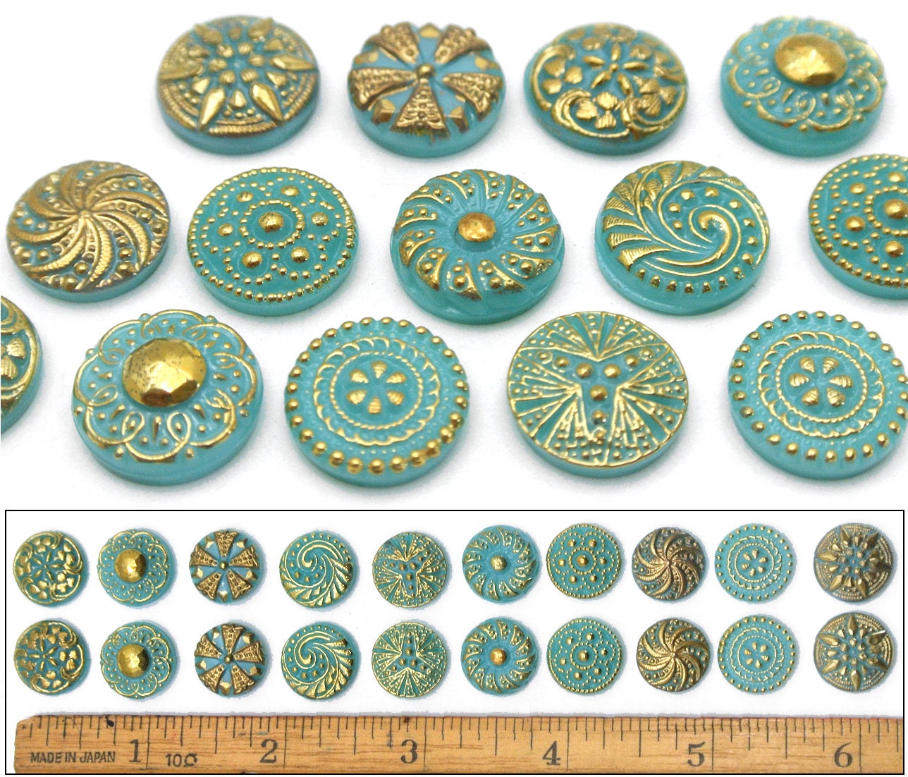 27mm Vintage Czech Glass TURQUOISE Blue Shankless No Shank Buttons Cabochons 5pc 