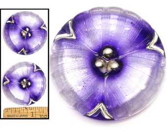2pc Focal 35mm Vintage Czech Glass GLOWING Purple + Silver 3-D FLOWER Pansy Buttons