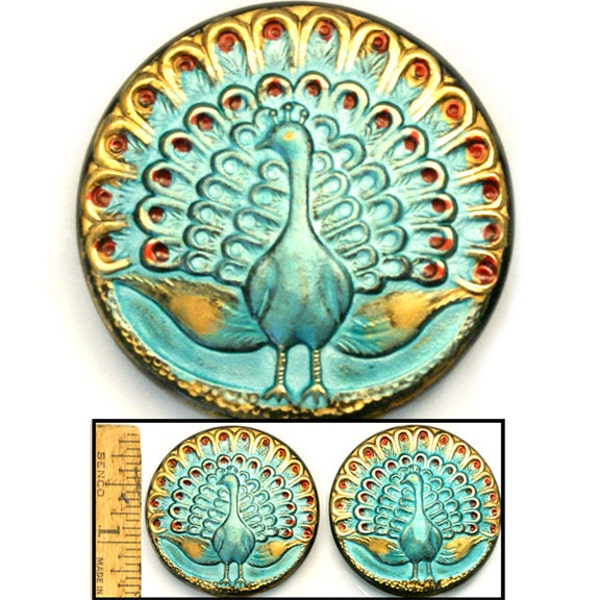 38mm Vintage Turquoise Red Gold STANDING PEACOCK Czech Glass Button 1pc