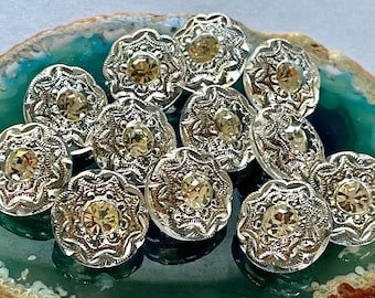 12pc 14mm Vintage Czech Crystal + Silver Lace Flower Star Snowflake Lacy Glass Collectible Buttons w Clear Crystal Rhinestones SM Doll Size