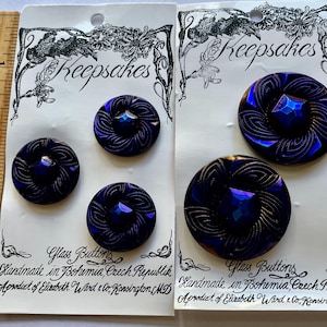 5 pc LG 27mm and 40mm Vintage Blue AB Swirl Flower Czech Glass 3-D Buttons on Original Cards Collectible