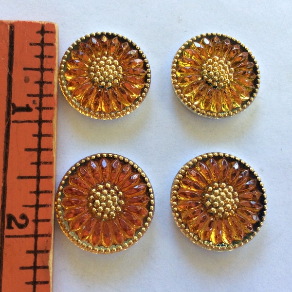 4pc 22mm Vintage Czech Glass Golden Orange Fire AB Shankless Flat Back SUNFLOWER No Shank Cabochon Buttons for button bracelets 2 Pairs #A