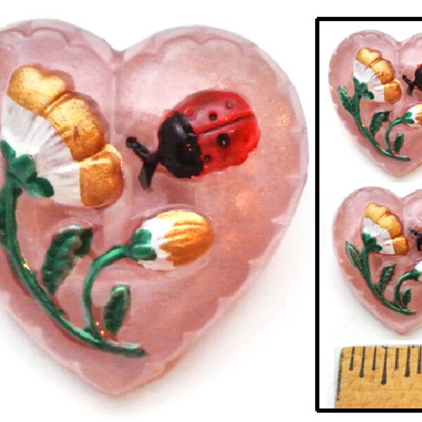 2 pc  22mm Vintage Czech Glass PINK HEART w/Flower + Ladybug Buttons Sweet SHAPE