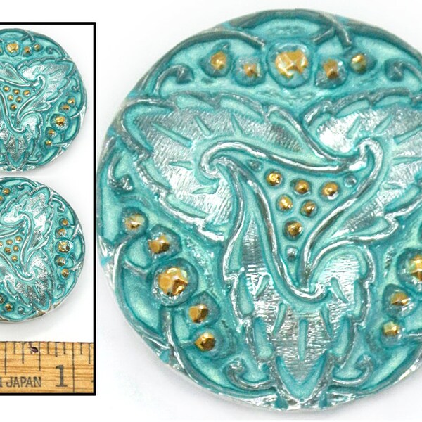 27mm Vintage Czech Glass Turquoise Gold Lacy TRIANGLE LEAF Triskele Buttons 2pc