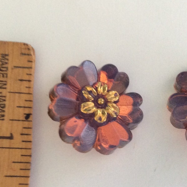 2pc 22mm Vintage Czech Glass Mirror Back Realistic Purple Opal Copper Daisy FLOWER Hearts Buttons