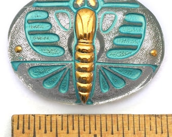 45mm XXL FOCAL Vintage Czech Glass Art Nouveau TURQUOISE Silver Oval Butterfly Dragonfly Button