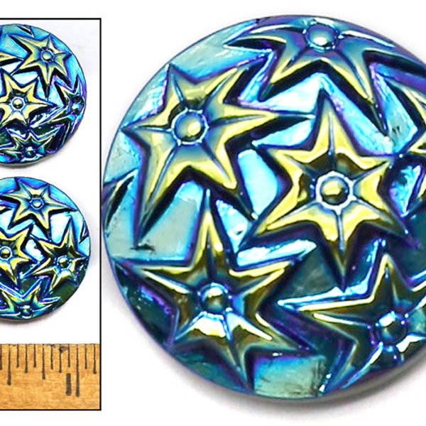 2pc 27mm Vintage Czech 3D Blue Aurora Borealis AB SHOOTING STARS Glass Buttons