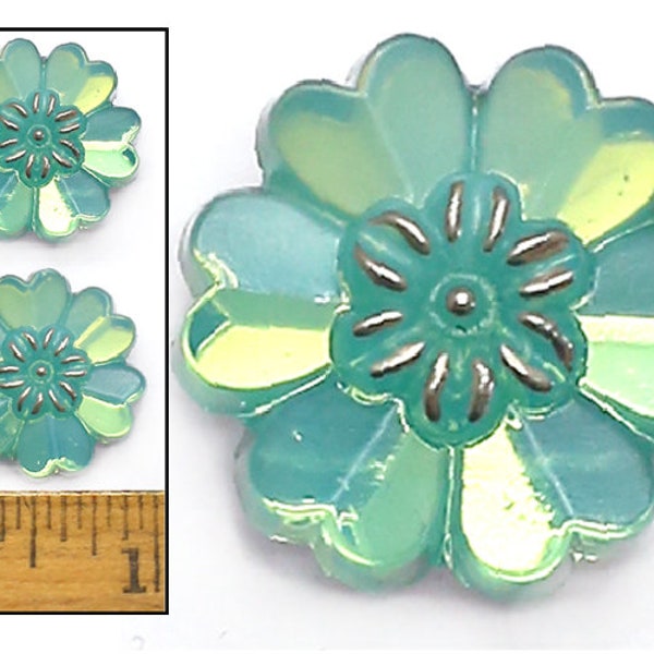 2pc 22mm Vintage Czech Glass Mirror Back Realistic Sea Green Opal Daisy FLOWER Buttons