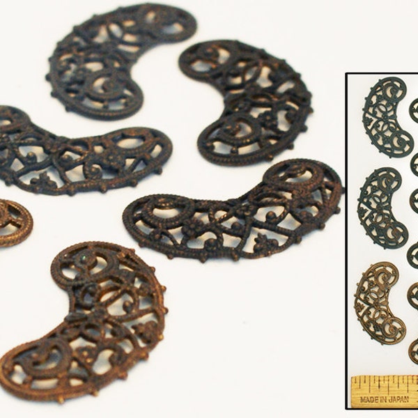 28mm Antique Vintage Czech 1920's Brass Filigree Earring Necklace Puffed Lace CRESCENT Findings Elements 6pc