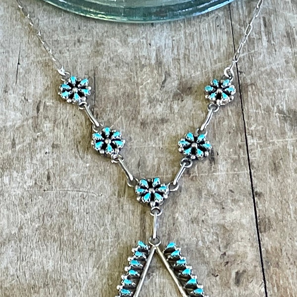 Delicate Vintage Native American Zuni Turquoise Petit Point Needlepoint Sterling Silver Rosette Necklace 1970's