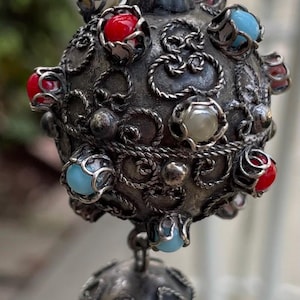 Antique Vintage Etruscan Revival Late 1900’s Sterling Silver Filigree Wire work Orb Pendant Necklace w Hanging Glass Pearls + Glass Stones