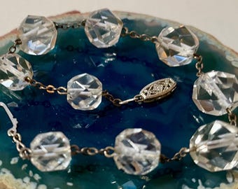 SPARKLING Vintage Antique Pools of Light Faceted Art Deco Rock Quartz Crystal 14k White Gold Bracelet 1920's 7 1/4”