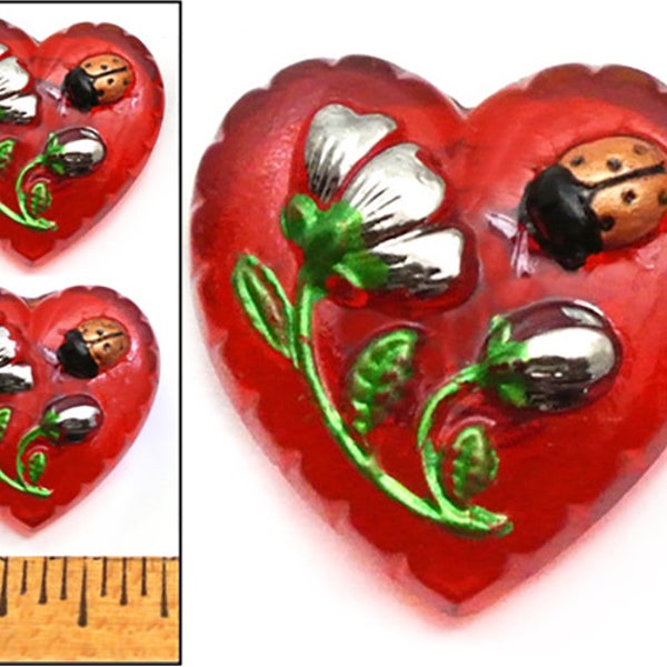 2 pc  22mm Vintage Czech Glass RED HEART w/Flower + Ladybug Buttons Sweet SHAPE