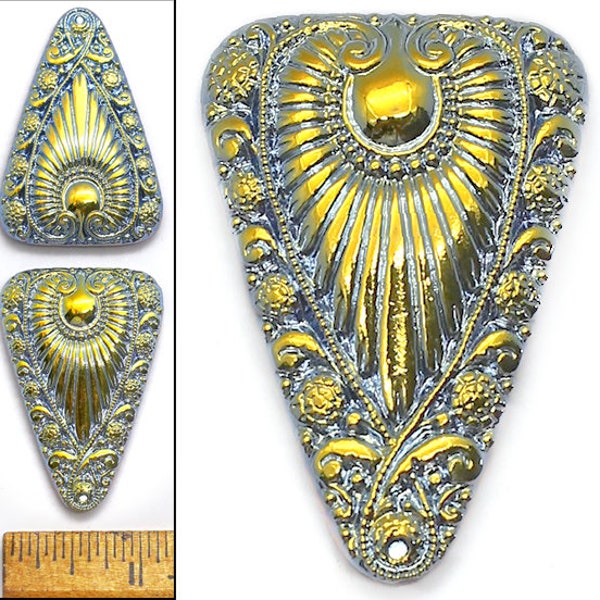 2pc XL 45mm Focal vintage Czech Glass Egyptian Revival Golden Aurora Borealis AB Victorian RAY Triangle Boutons