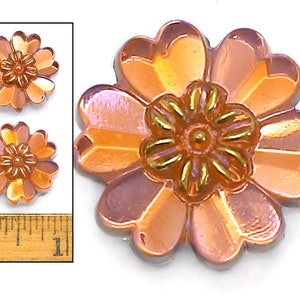 2pc 22mm Vintage Czech Glass Mirror Back Realistic Pink Opal Copper Daisy FLOWER Hearts Buttons