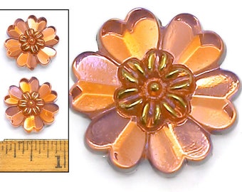 2pc 22mm Vintage Czech Glass Mirror Back Realistic Pink Opal Copper Daisy FLOWER Hearts Buttons