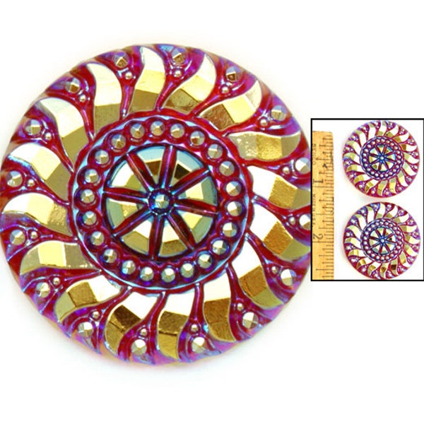 2pc Focal  Shining 36mm Vintage Czech Glass 3-D RUBY Carnival Aurora Borealis AB Faceted LACE Buttons