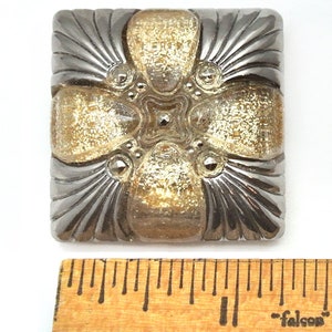 XXL 34mm Vintage Czech Glass Focal GOLD Glitter SQUARE Silver Cross Domed Medallion Button