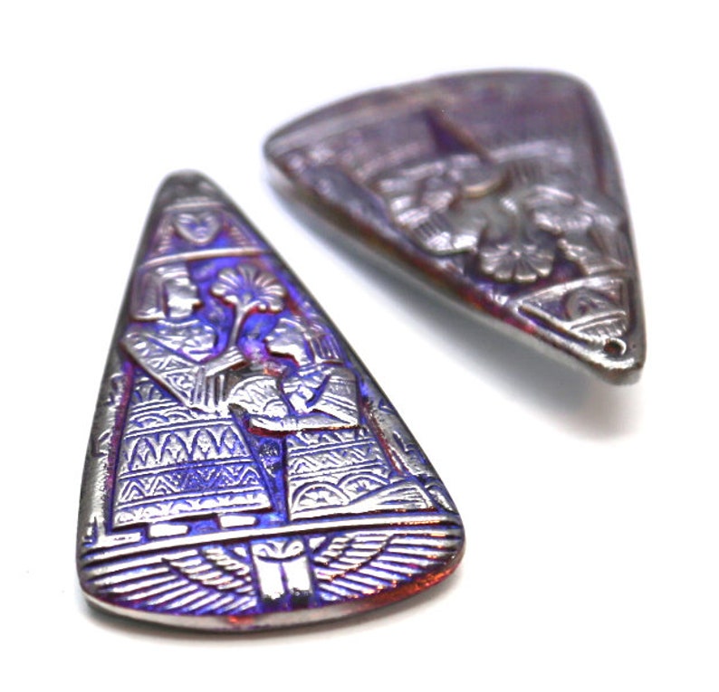 2pc XL 2 Focal Vintage Czech Glass Egyptian Revival Blue AB Silver PHAROAH Triangle Buttons