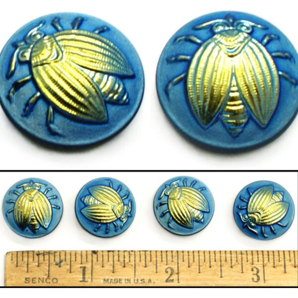 18mm Vintage Czech Glass Blue AB Aurora Insect Buttons 4pc GREAT For Clasps