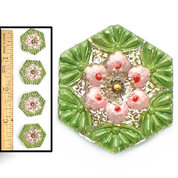 32mm Vintage Czech Glass Mirror Back Faceted PINK RAINBOW AB Nailhead Buttons 2p