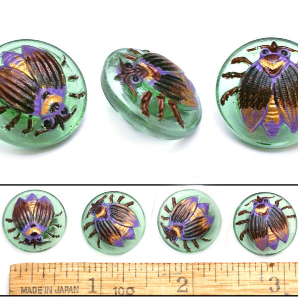 18mm Vintage Czech Glass Green Purple FLY Insect Buttons 4pc GREAT For Clasps