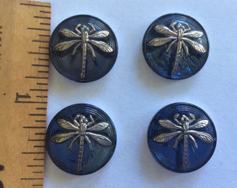 4pc 18mm Vintage Czech Glass Blue Metallic SILVER DRAGONFLY Shankless No Shank Cabochon Buttons for button bracelets