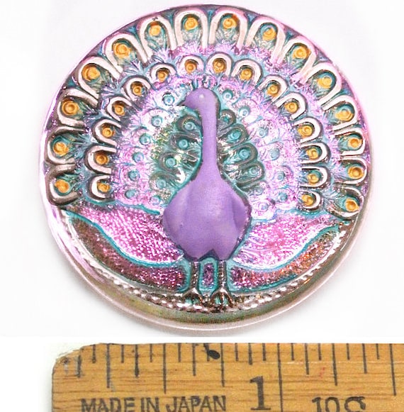 XL 38mm Purple Lilac FLASH Turquoise Standing PEACOCK Mirror Czech Glass Button