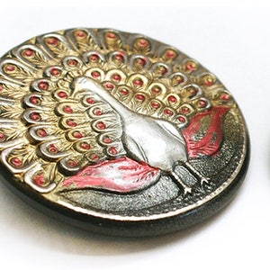 Focal Statement XL 38mm Silver GOLD Red Standing PEACOCK Czech Glass Button 1pc image 2