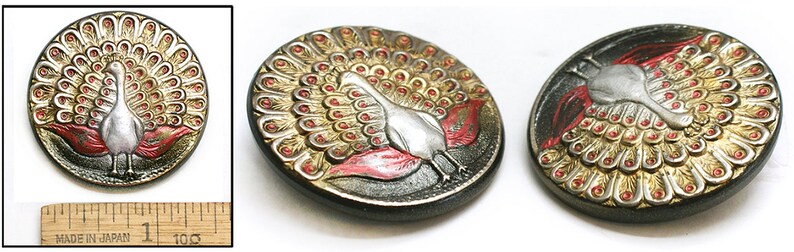 Focal Statement XL 38mm Silver GOLD Red Standing PEACOCK Czech Glass Button 1pc image 2