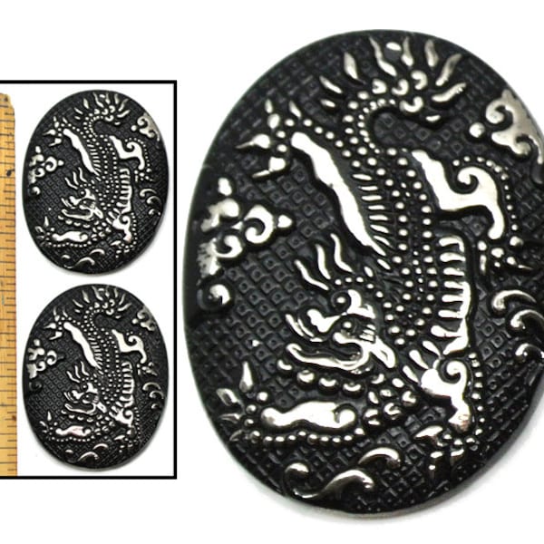 2pc XL Focal 42mm Vintage Czech Glass Black + Silver Oval Chinese DANCING DRAGON Buttons