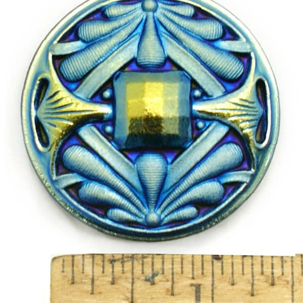 1pc Focal 42mm Vintage Art Nouveau BLUE AB Double DRAGONFLY Czech Glass Button