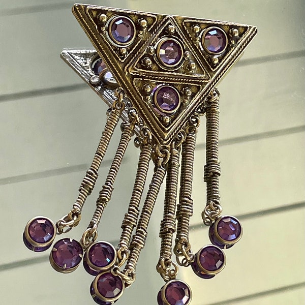 Vintage Triangular Egyptian Revival Brass Belt Buckle with Purple dangling crystals Signed Goldette 3 1/2” Long 1950's - 1960's