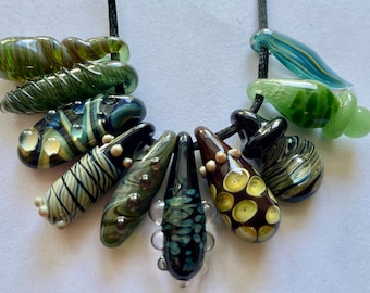 10 pc Set Handmade Borosilicate Lampwork Glass Pendant Beads by American Artisan Paul Doty Bumpy Dots Swirls Eclectic Green Black Boro #1