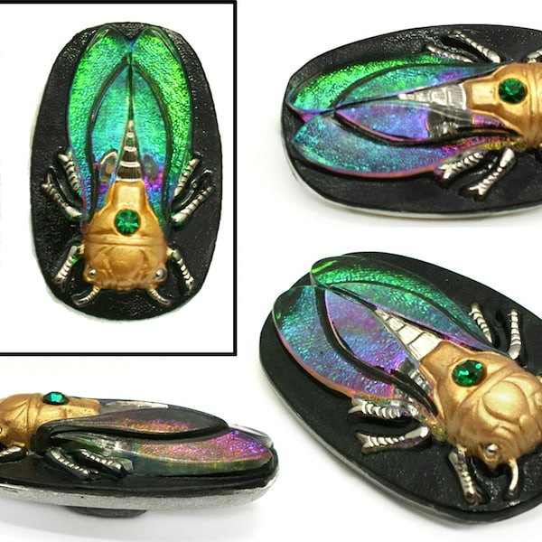 Vibrant 40mm FOCAL Vintage Green Rainbow Fire Flash AB Czech Scarab CICADA Glass Button